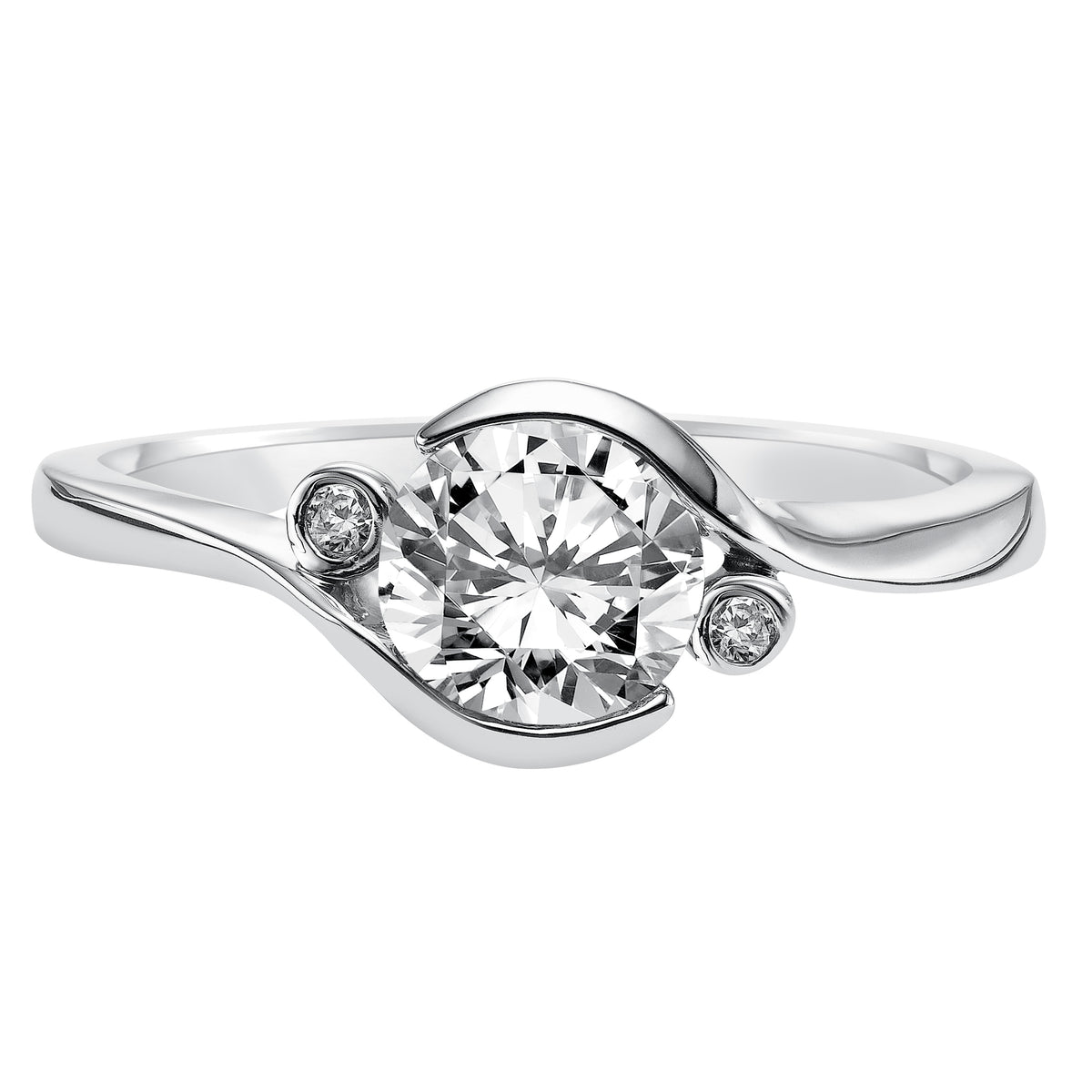 This captivating engagement ring features a brilliant round bezel set diamond with two complimentary bezel set diamonds and high polished band for a distinctively modern look