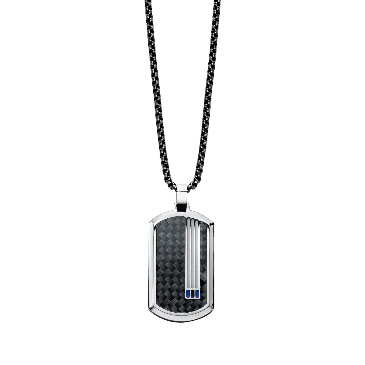 Black 3K Carbon Fiber Inlay & Beveled Edge 316L Stainless Steel Tag with Triple Recessed Channel with Electric Blue & Midnight Chroma Lacquer Racing Stripes & Black Diamond Accent