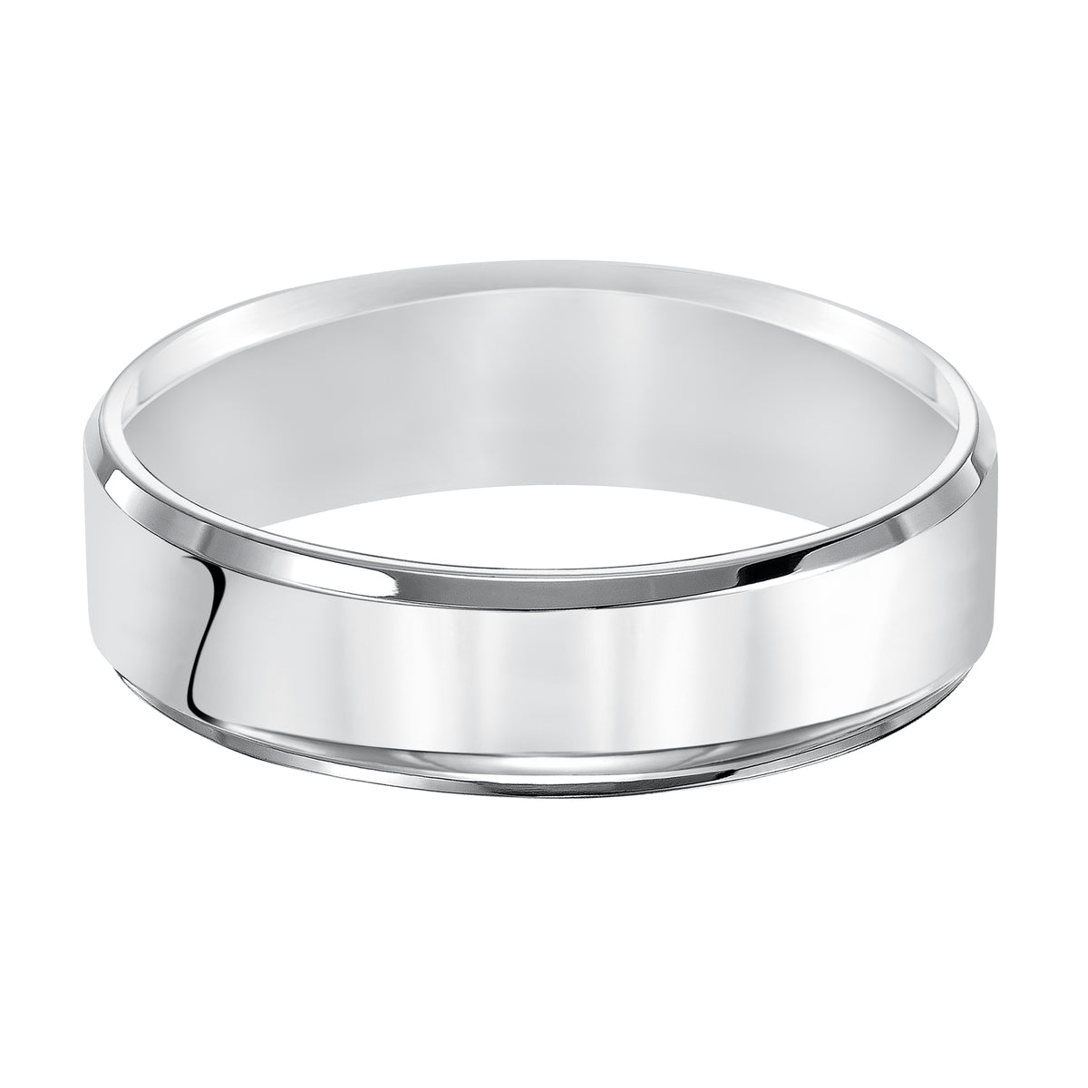 This comfort fit wedding band is crisp and contemporary featuring a high polished beveled edge design.
