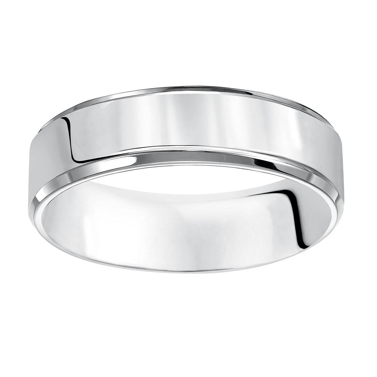 This comfort fit wedding band is crisp and contemporary featuring a high polished beveled edge design.