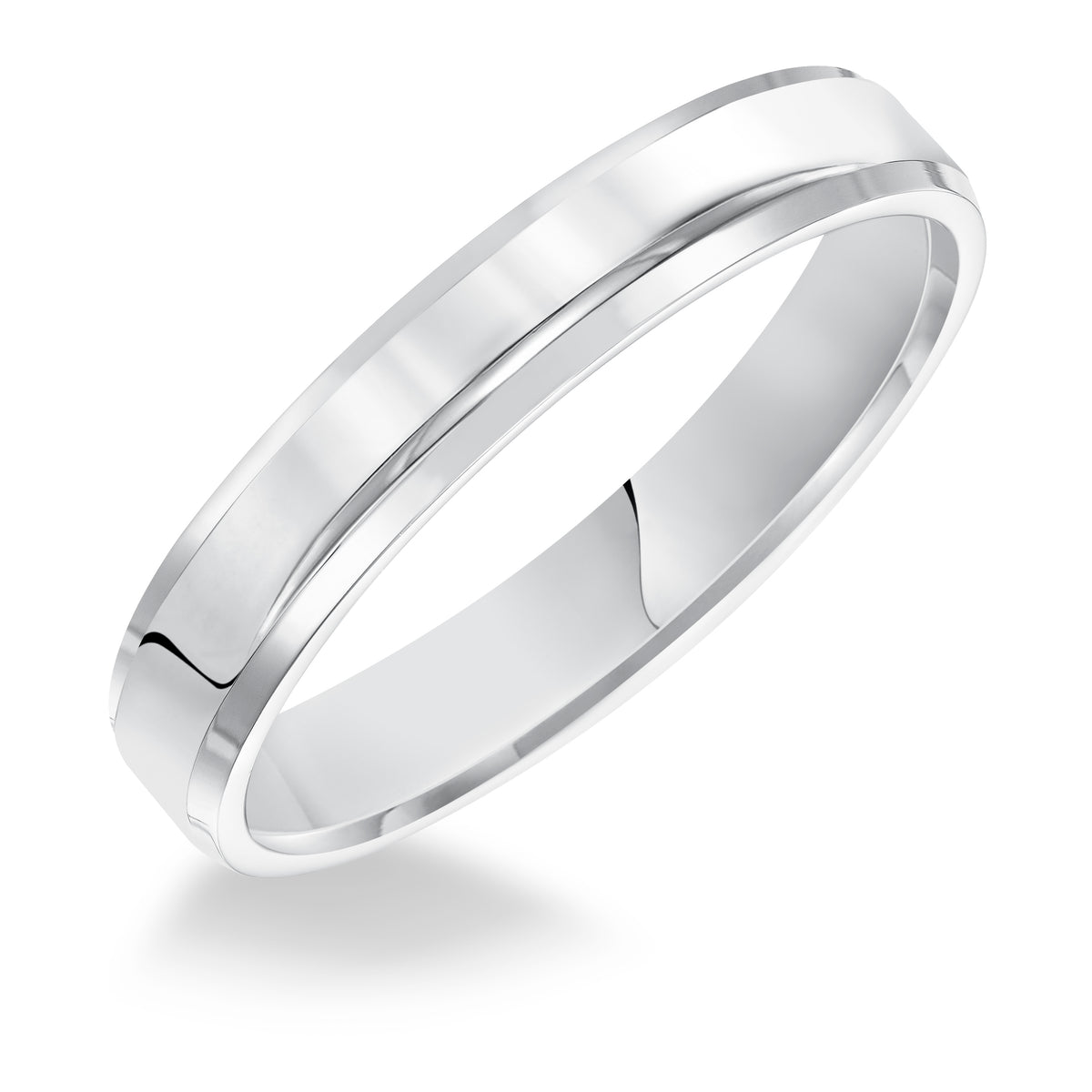This comfort fit wedding band is crisp and contemporary featuring a high polished beveled edge design.