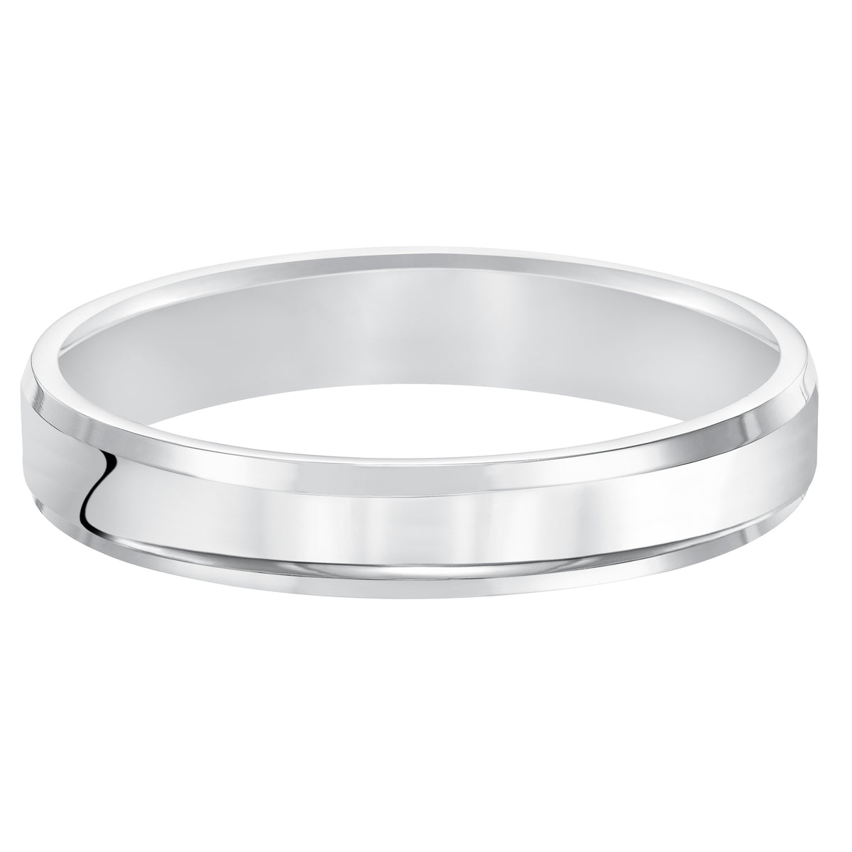 This comfort fit wedding band is crisp and contemporary featuring a high polished beveled edge design.
