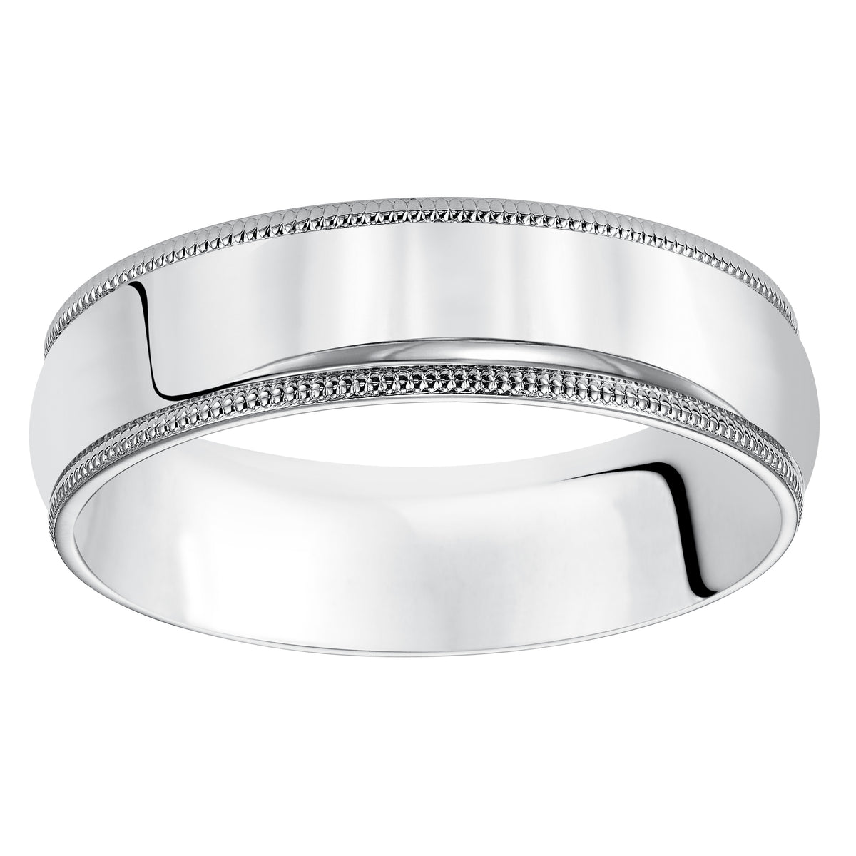 Classic styling is infused into this low-dome, comfort fit wedding band design featuring a high polished finish with delicate milgrain detailing.