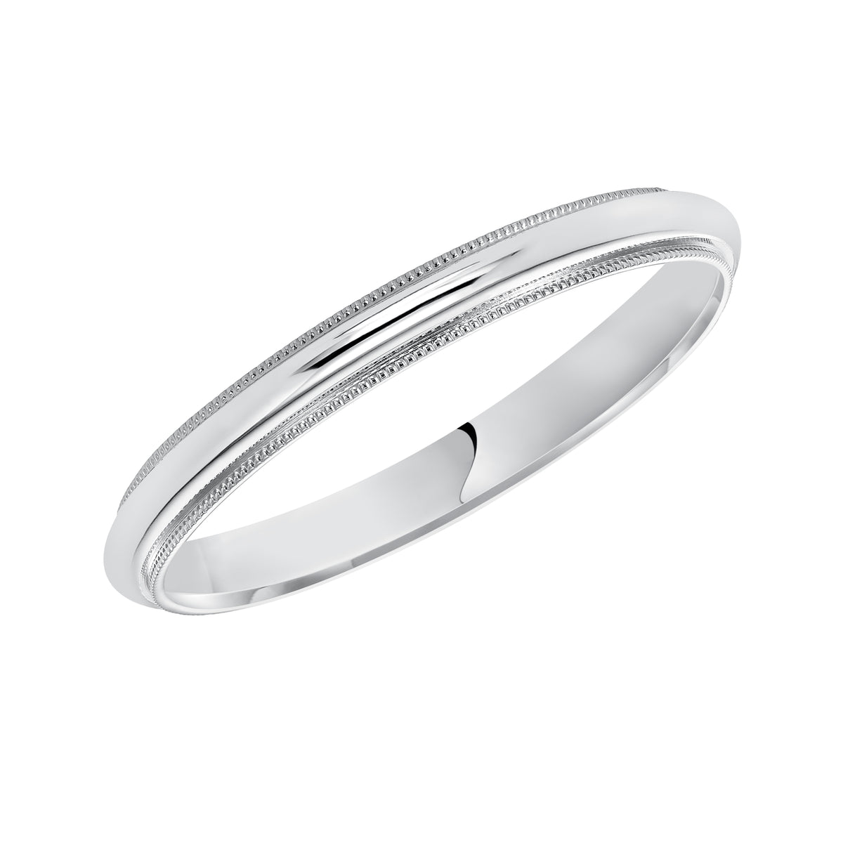 This handsome low-dome band features a high polished finish with delicate milgrain detailing for a traditional look.