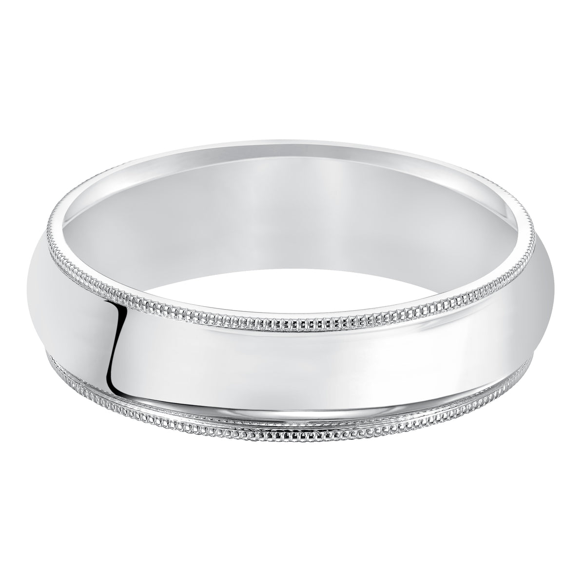 Luxurious yet classic, this this super domed, wedding band features a high polished finish and milgrain detailing