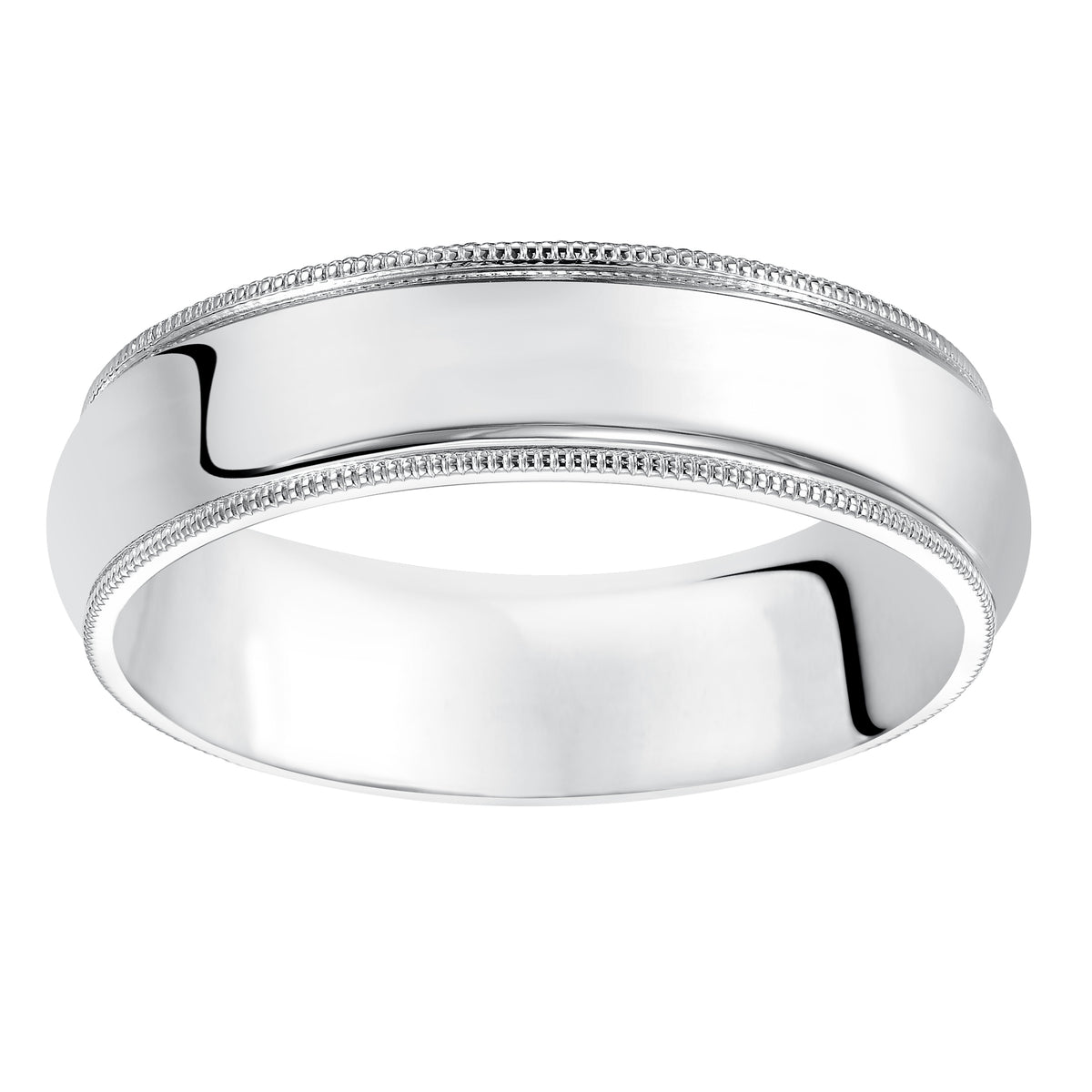 Luxurious yet classic, this this super domed, wedding band features a high polished finish and milgrain detailing