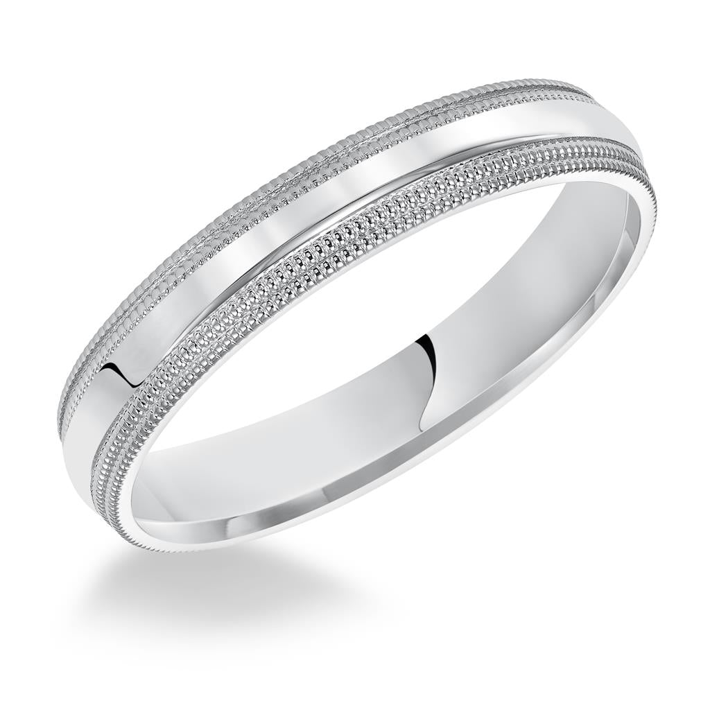 Classic yet refined, this comfort fit, domed band features a high polish finish complimented by double milgrain detailing on its edges.