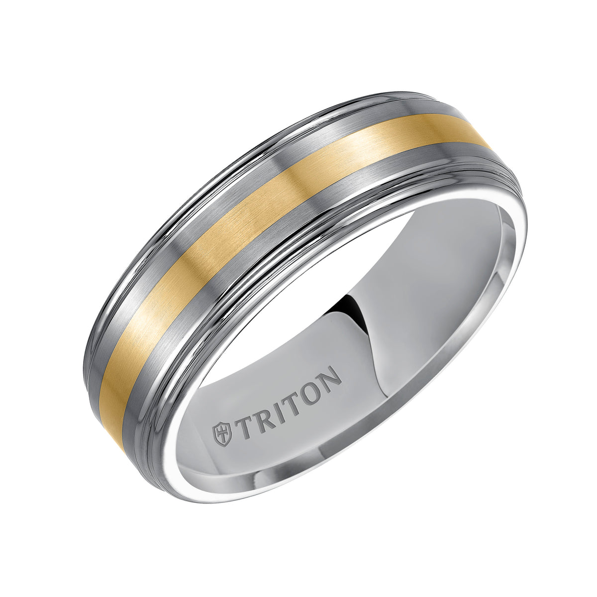 Tungsten Carbide Brush Finish Flat with Bright Round Rims Comfort Fit Band with Precious metal Inlay.