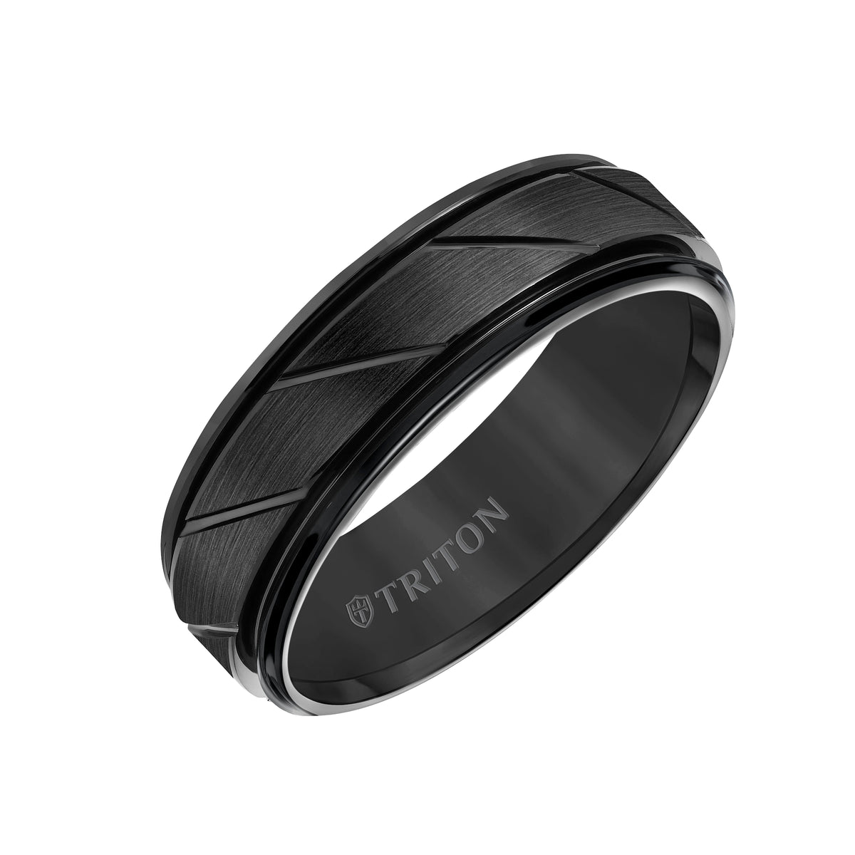 7mm White Tungsten Carbide Flat Satin Finish Center with Bright Diagonal Cuts and Rims Comfort Fit Band