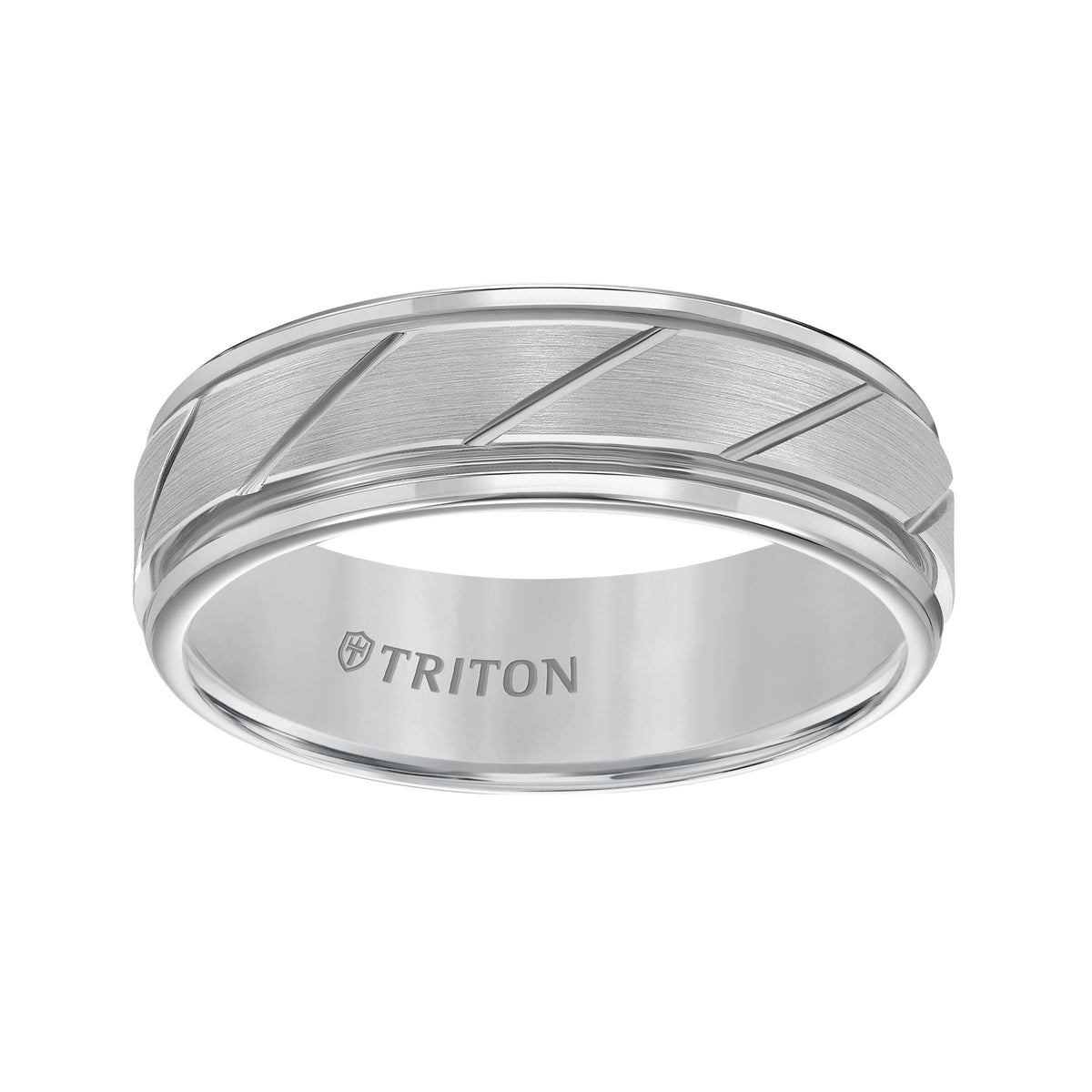 7mm White Tungsten Carbide Flat Satin Finish Center with Bright Diagonal Cuts and Rims Comfort Fit Band