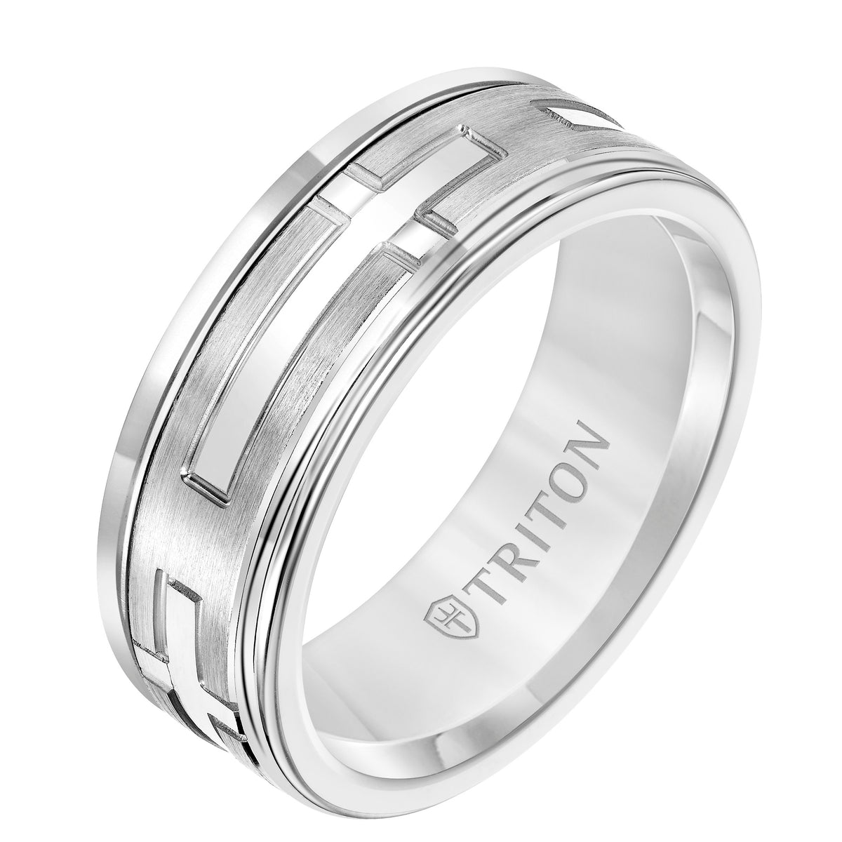 8mm White Tungsten Carbide Ring with 14kit White Gold Cross Pattern Center