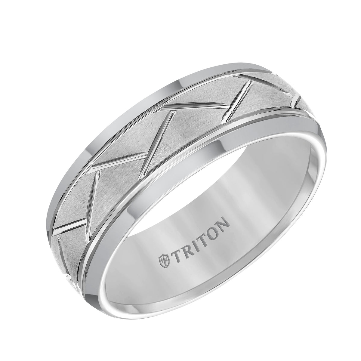 8mm Black Tungsten Carbide Domed Comfort Fit Band with alternating diagonal cuts and horizontal brush finish.