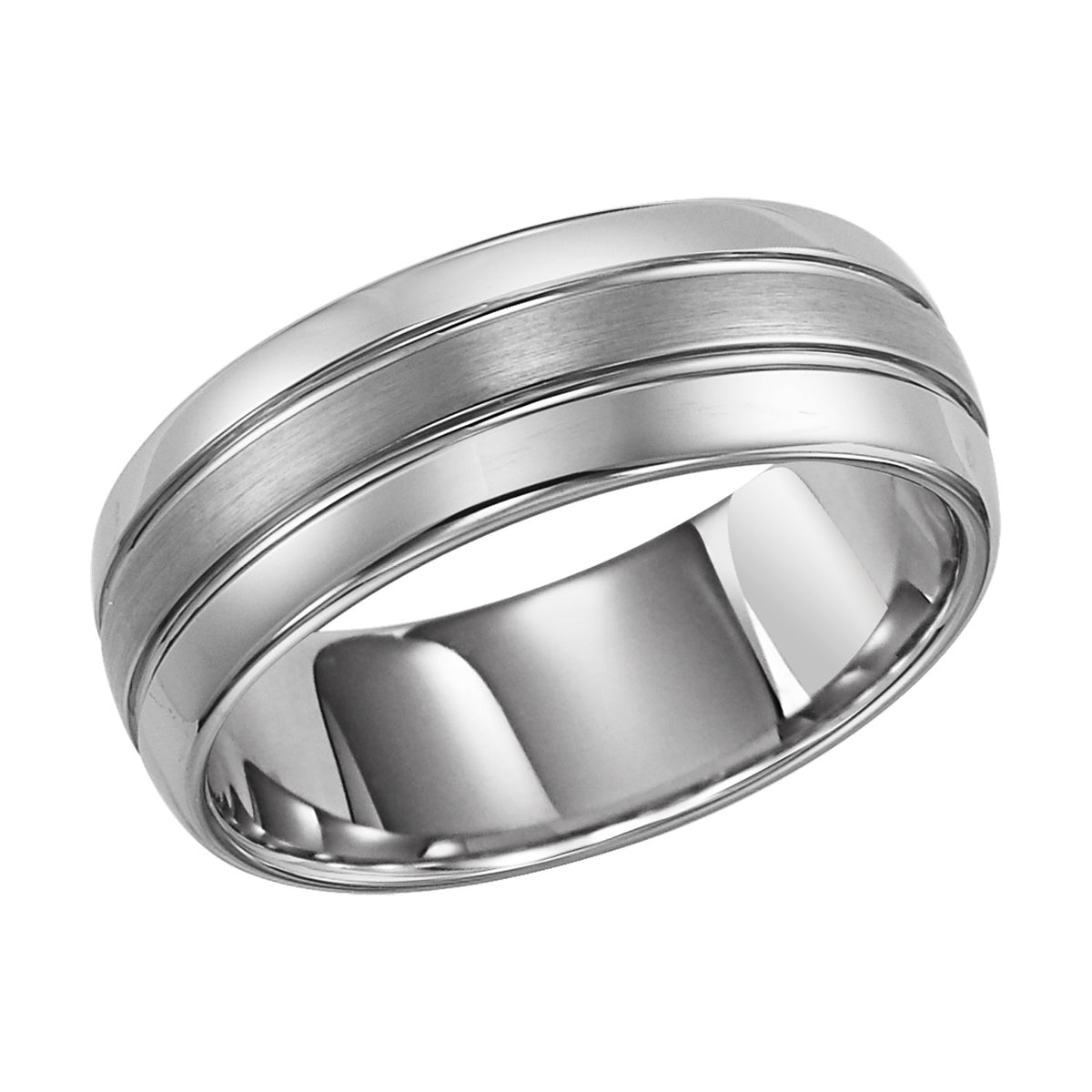 8mm Black Tungsten Carbide Domed Comfort Fit Band with Brush Finish Center and Bright Polished Edges