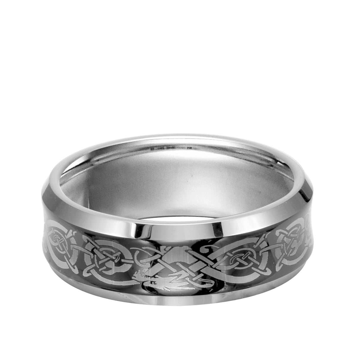 8mm White Tungsten Carbide Beveled Edge Concave Comfort Fit band w/ white laser pattern design