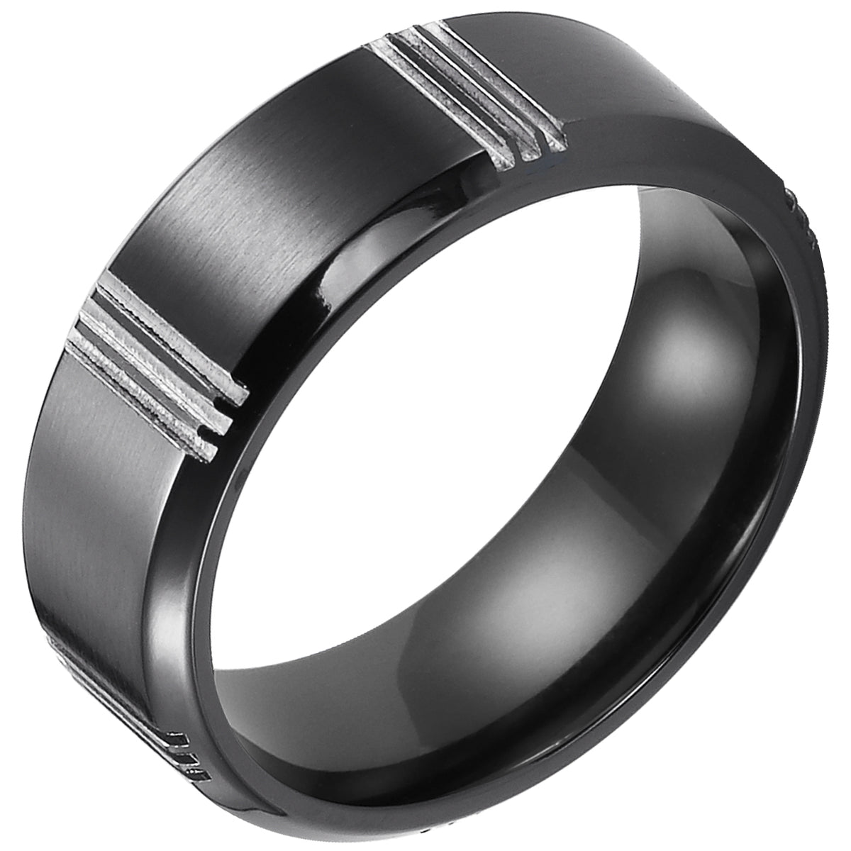 8mm Black Titanium Flat with Bevel Edge comfort fit band with vertical cuts