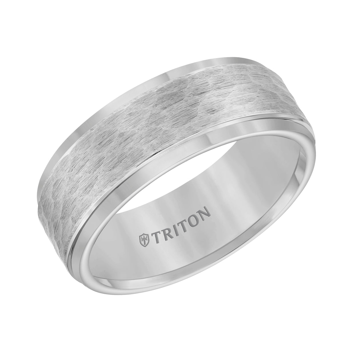 8mm Tungsten carbide Step Edge Comfort Fit band with center hammered texture