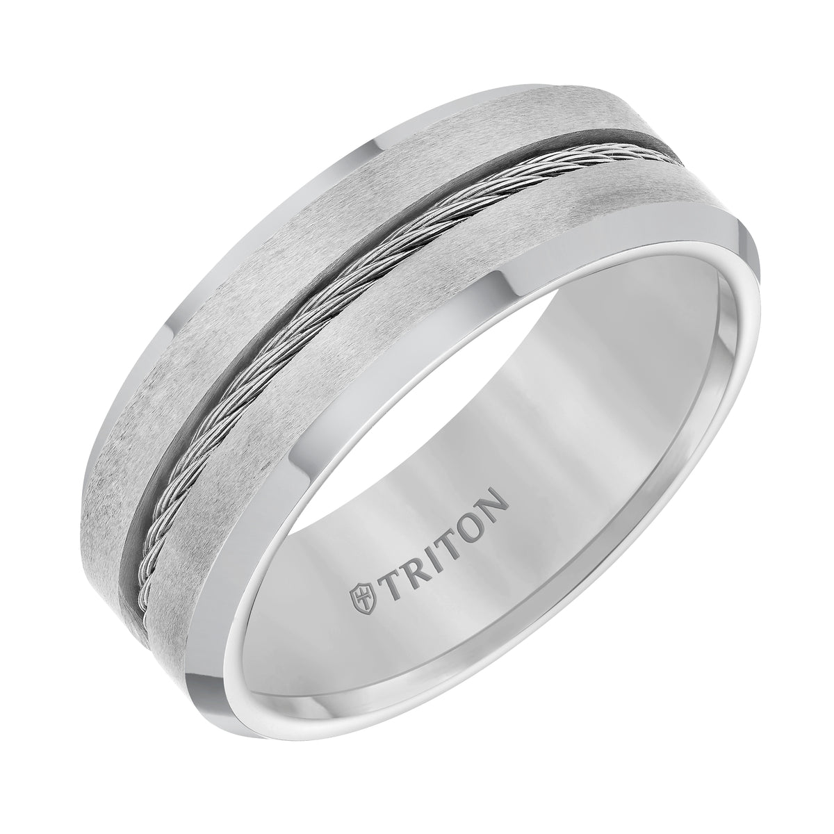 8mm Tungsten carbide Brush Finish With Bright Bevel Edge Comfort Fit Band with Center Steel Cable Inlay