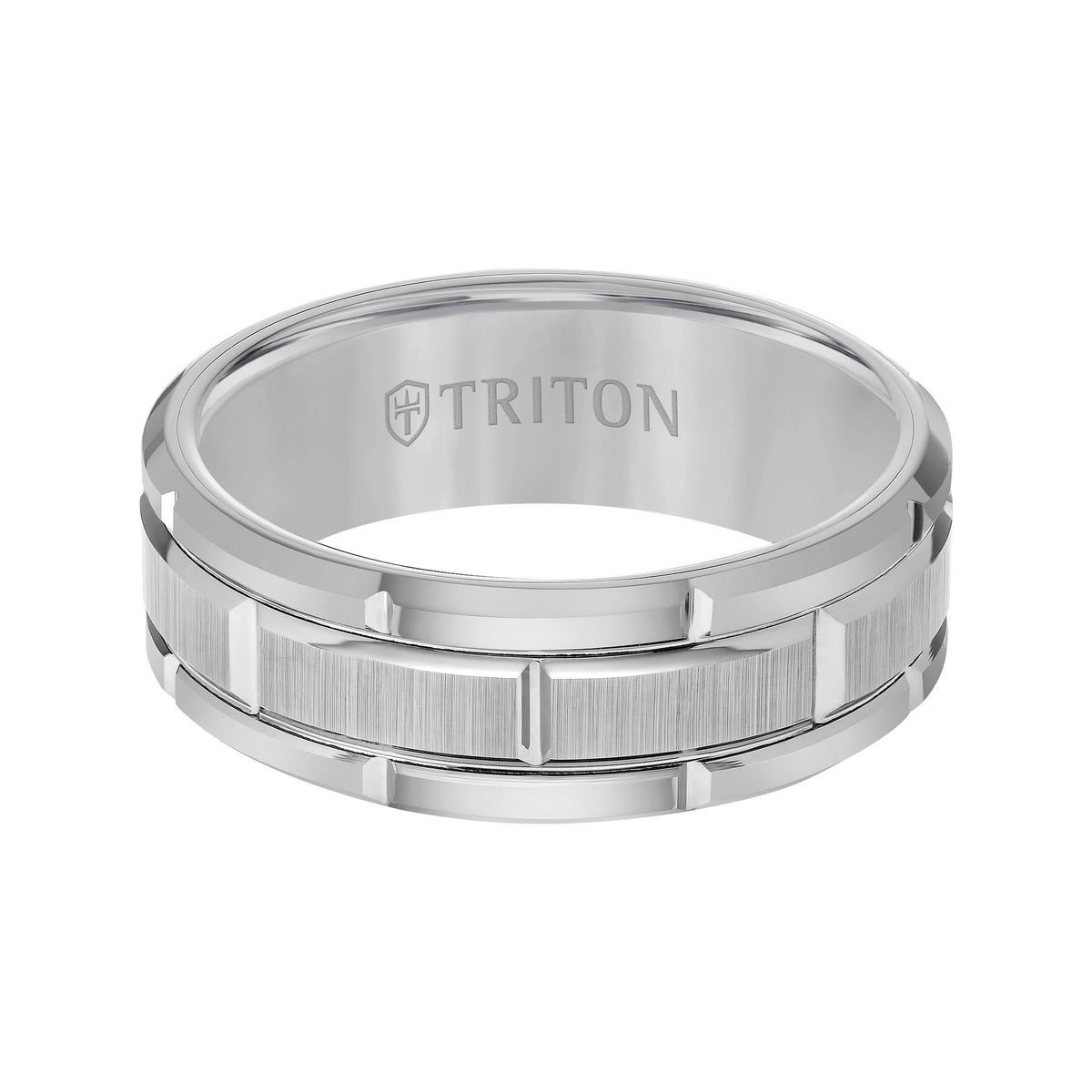 8mm White Tungsten Carbide Bevel Edge Comfort Fit Band with Vertical Satin Finish Center and Bright Edges and Cuts