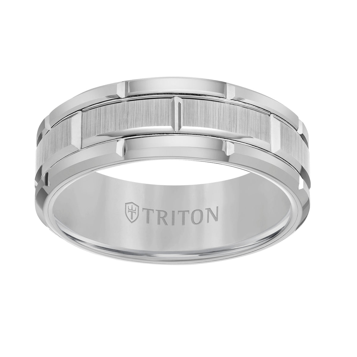 8mm White Tungsten Carbide Bevel Edge Comfort Fit Band with Vertical Satin Finish Center and Bright Edges and Cuts