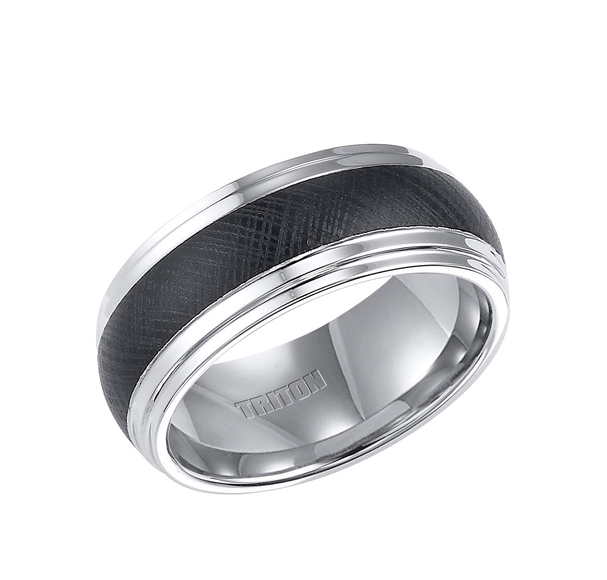 9MM Black and White Domed Double Step Edge Tungsten Carbide Comfort Fit Band with Florentine Finish Center