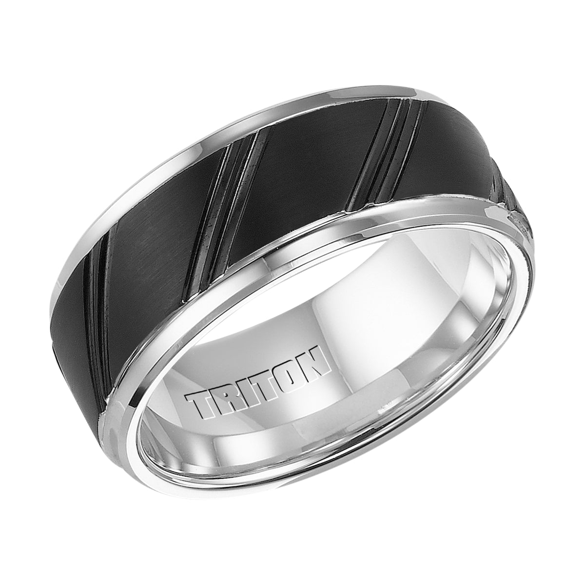 9MM Black and White Tungsten Carbide Beveled Step Edge Comfort Fit Band with Diagonal Cuts