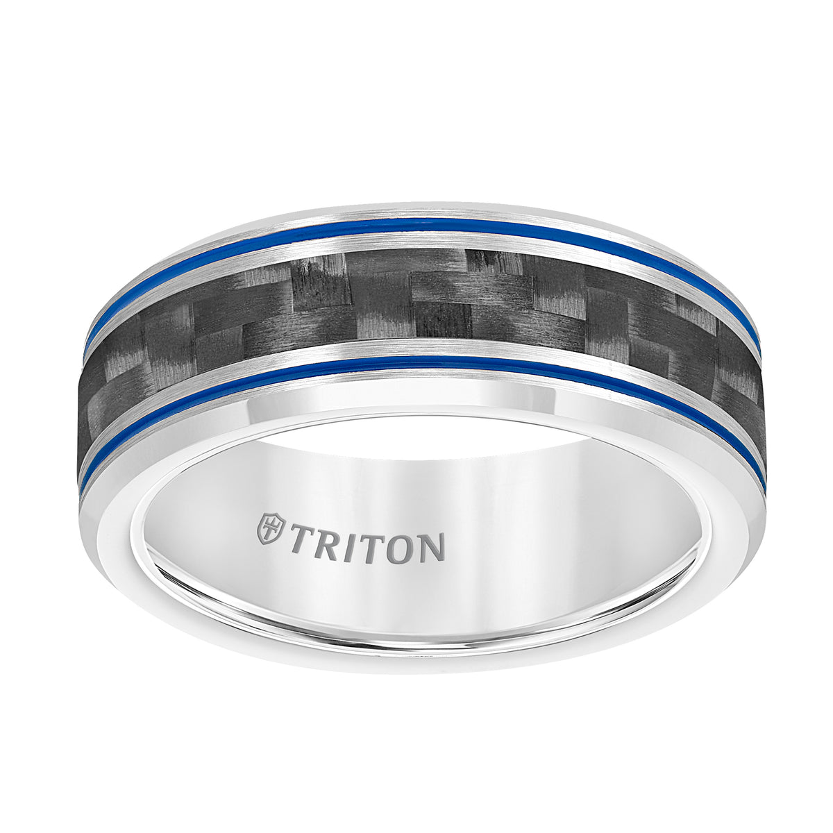 8MM Tungsten Carbide Band with Carbon Fiber Insert, Electric Blue Stripes and Beveled Edge