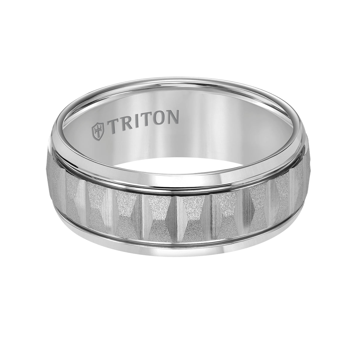 8MM White Tungsten Band w/Faceted Cuts and w/Sand Finish