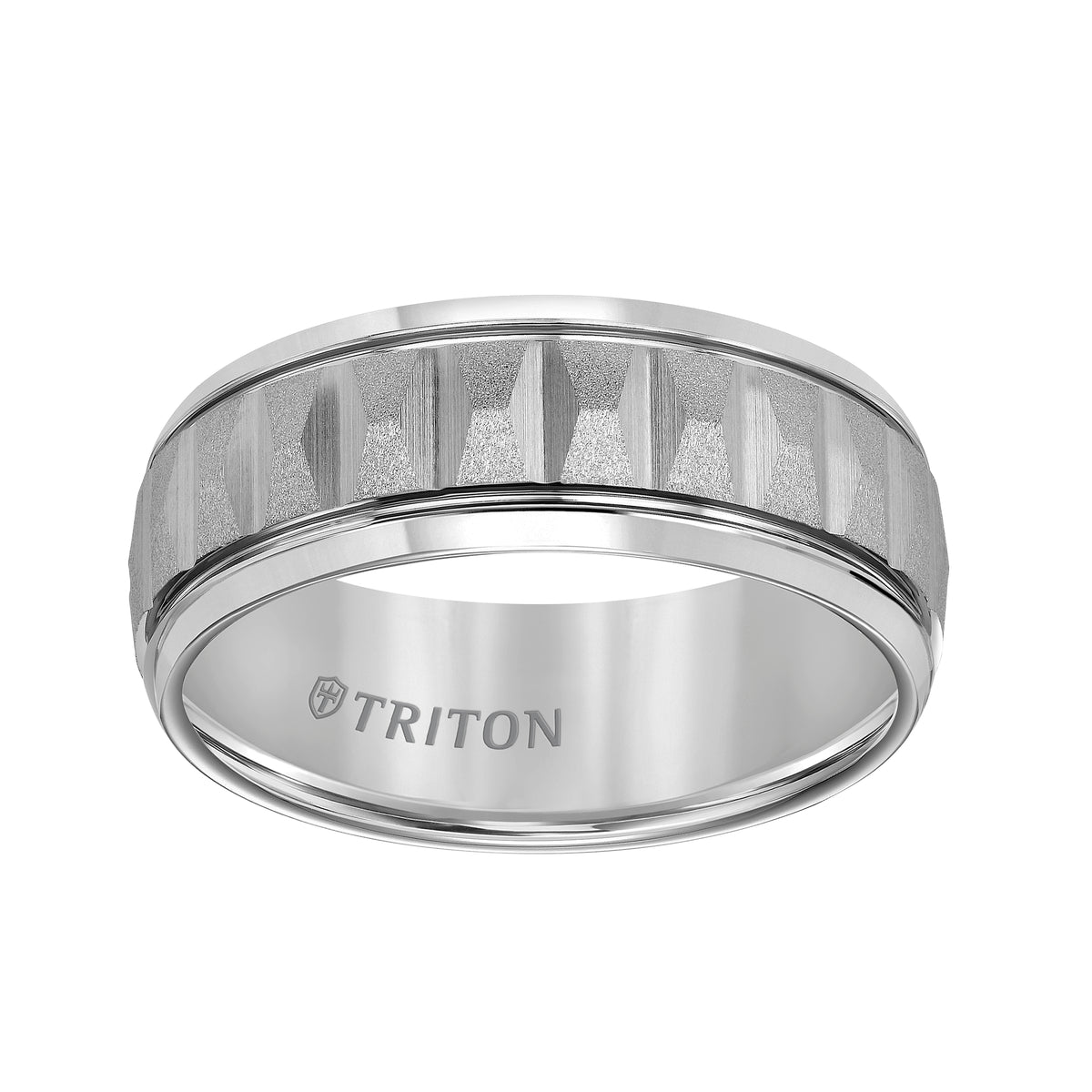 8MM White Tungsten Band w/Faceted Cuts and w/Sand Finish