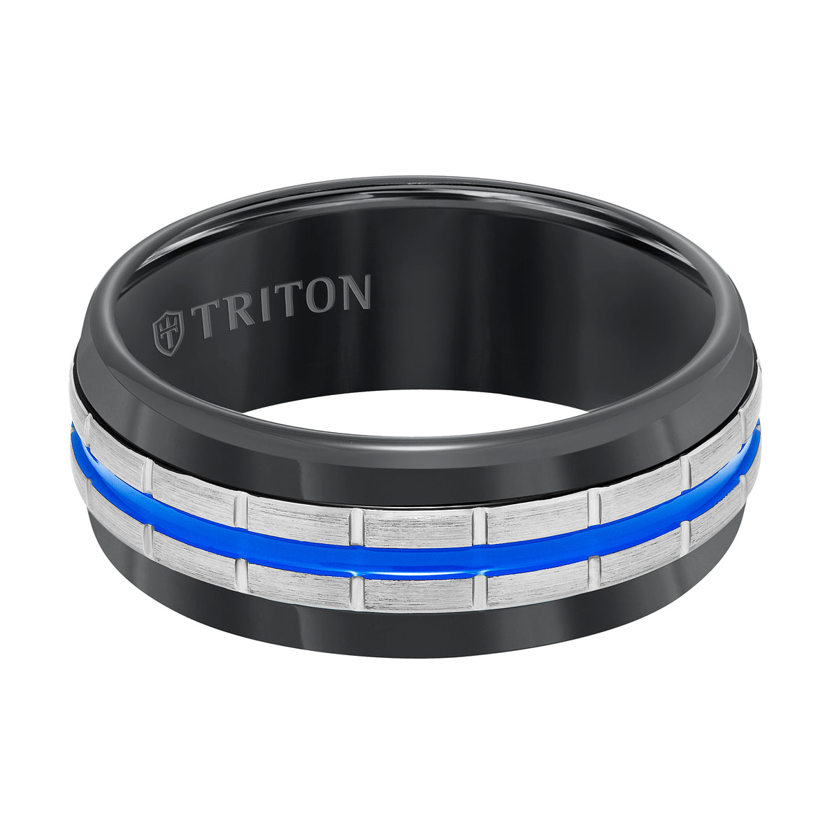 8MM Gunmetal Grey Tungsten Carbide Band with Vertical Grooves, Fire Red Center Stripe & Satin Finish