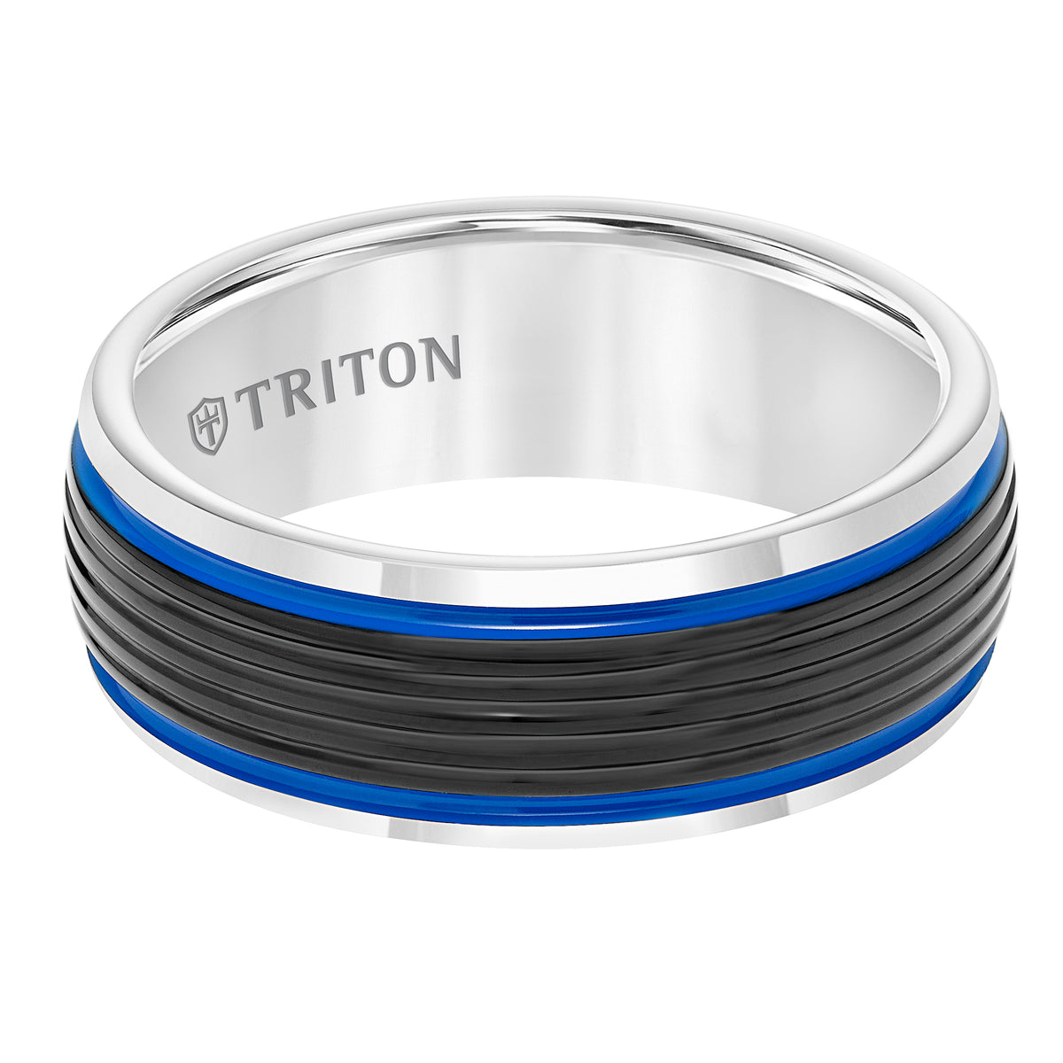 8MM Black & White Domed Tungsten Carbide Band with Ribbed Center, Fire Red Stripes and Bright Rims