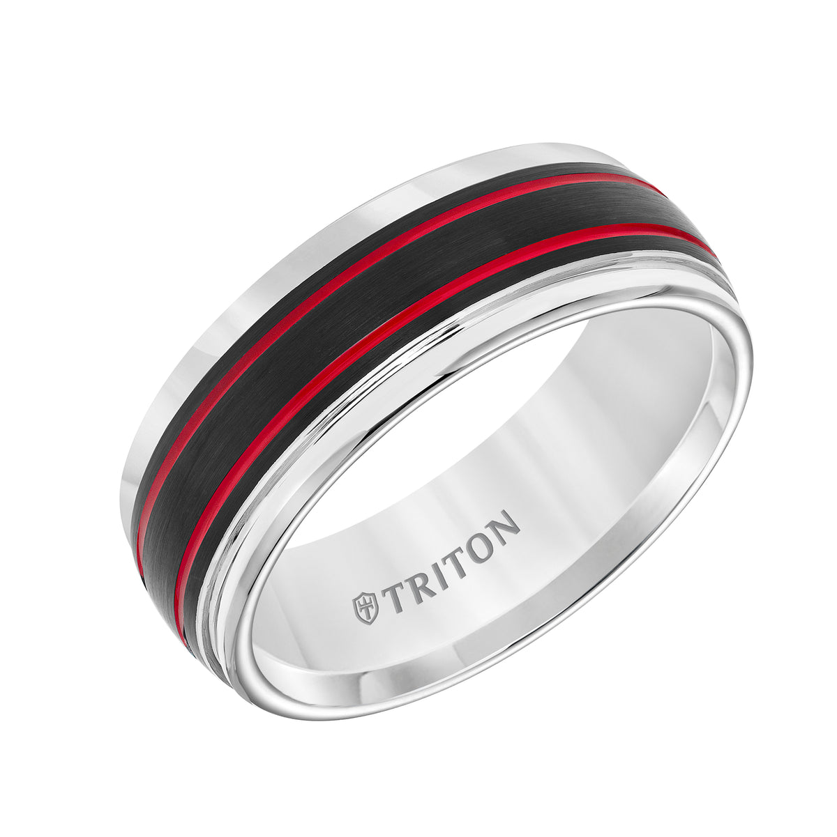 Tungsten Carbide Comfort Fit Men's White Band with Black Matte Center with Midnight Stripes and Bright Round Rims