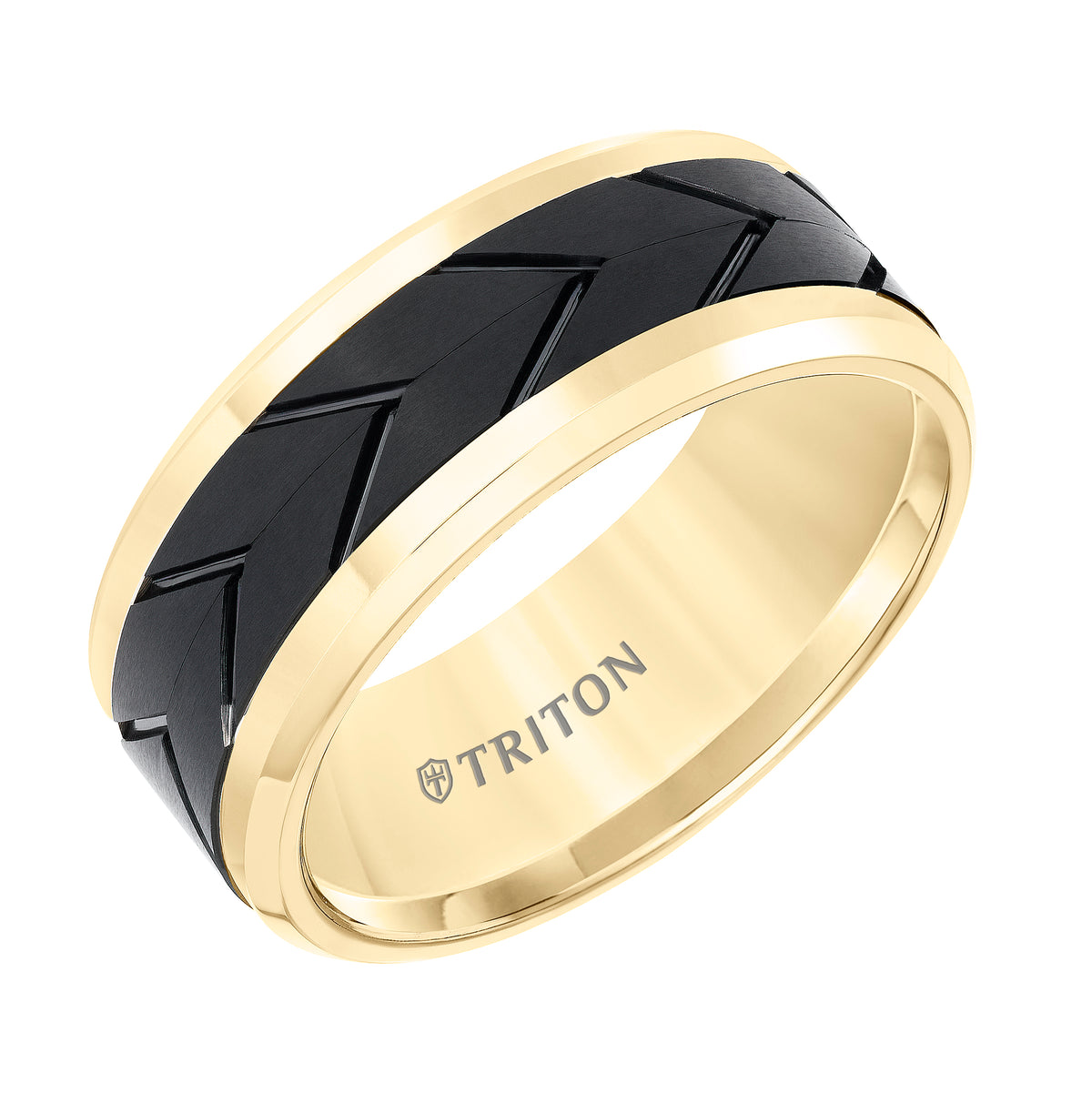Tungsten Carbide Comfort Fit Two Tone Men's Band with Black Flat Matte Tread Design Center and Yellow Beveled Rims