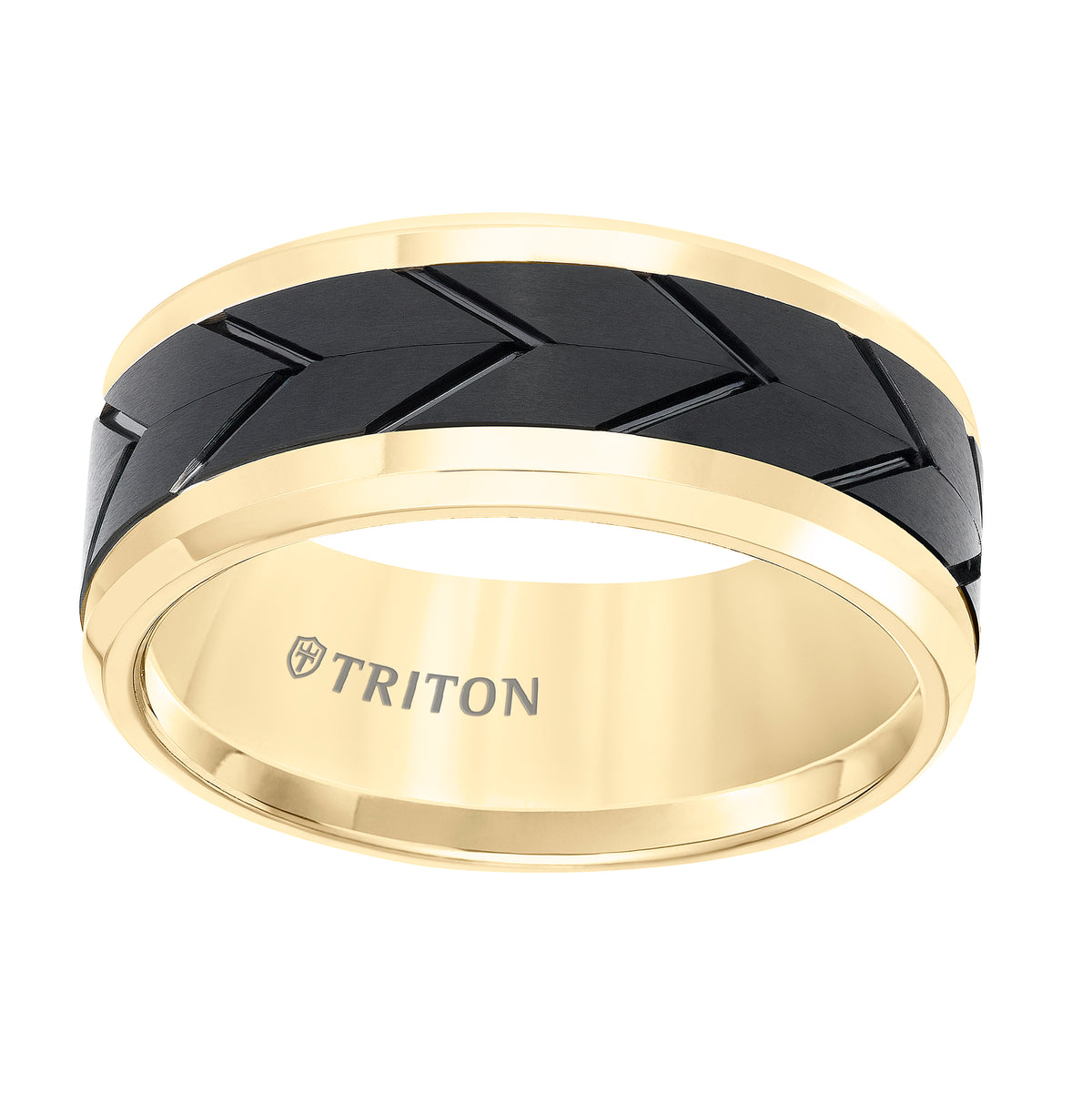 Tungsten Carbide Comfort Fit Two Tone Men's Band with Black Flat Matte Tread Design Center and Yellow Beveled Rims