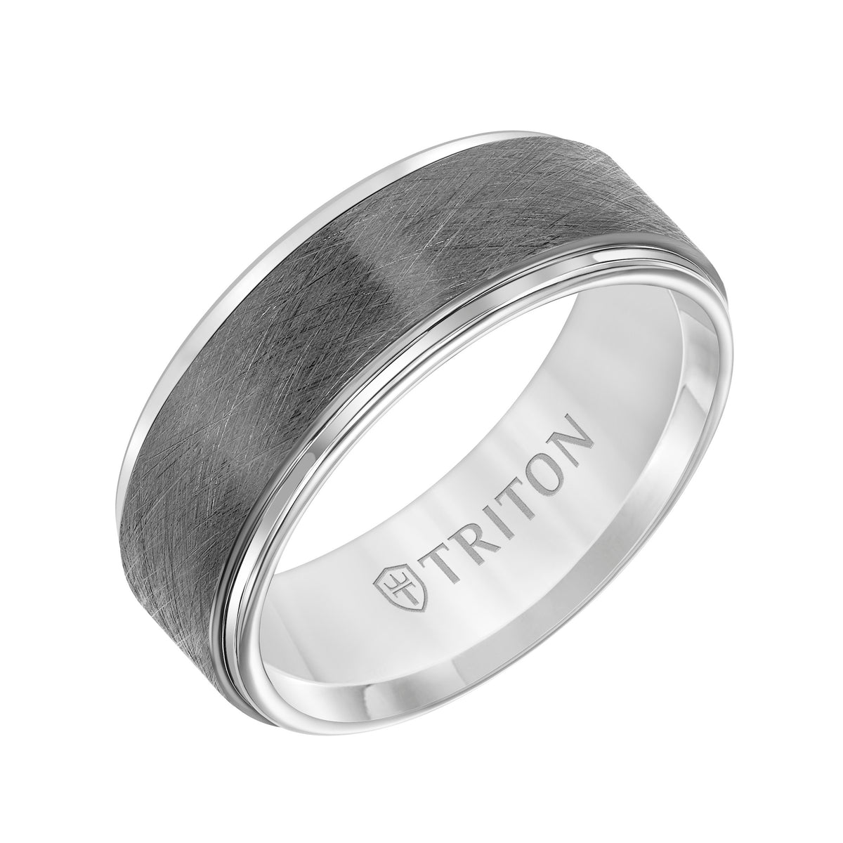 Tungsten Carbide Comfort Fit Men's Two Tone Band with Gunmetal Crystalline Finish Center and White Step Edge