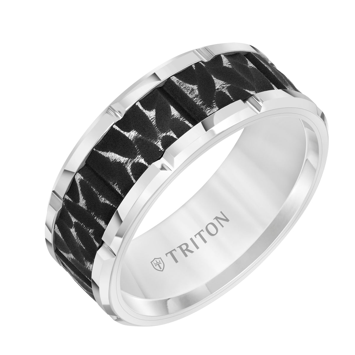 9MM Tungsten Carbide Comfort Fit Men's White Band with Black Sand Blasted Textured Center with Flat Profile and Bright Cut Rims