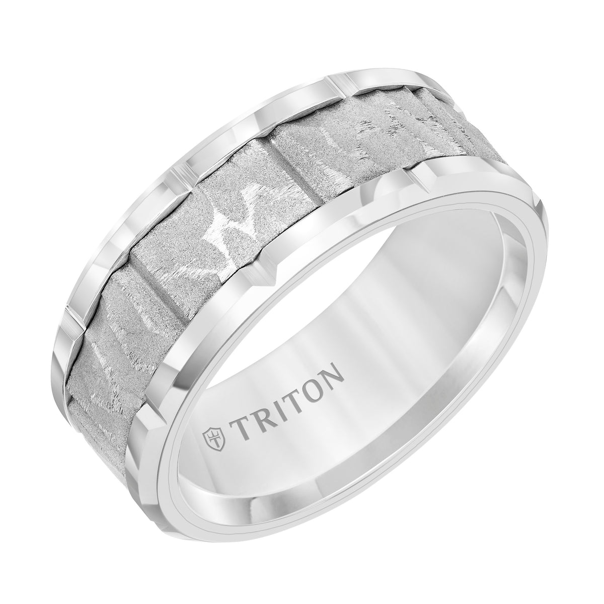 9MM Tungsten Carbide Comfort Fit Men's White Band with Gray Sand Blasted Textured Center with Vertical Cuts and Bright Cut Rims