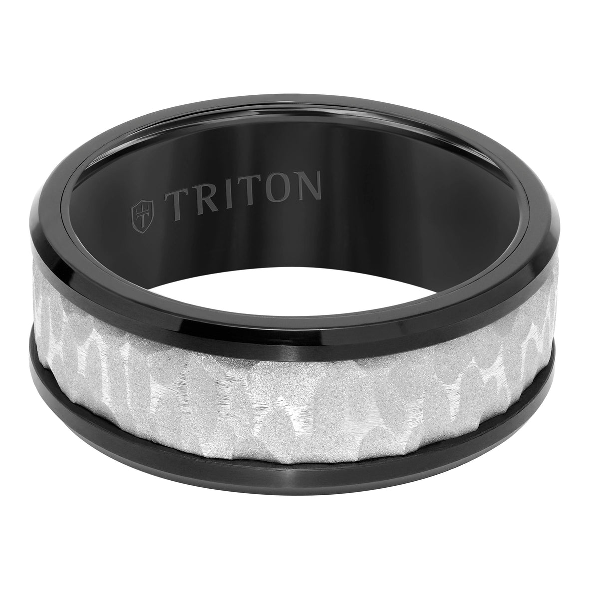 9MM Tungsten Carbide Comfort Fit Men's Black Band with Gray Sand Blasted Textured Center with Flat Profile and Polished  Rims