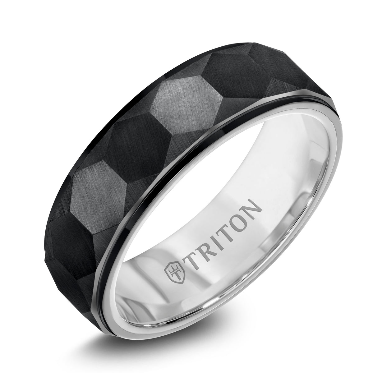 7mm Black Tungsten Band with Faceted Hexagon Pattern and White Interior