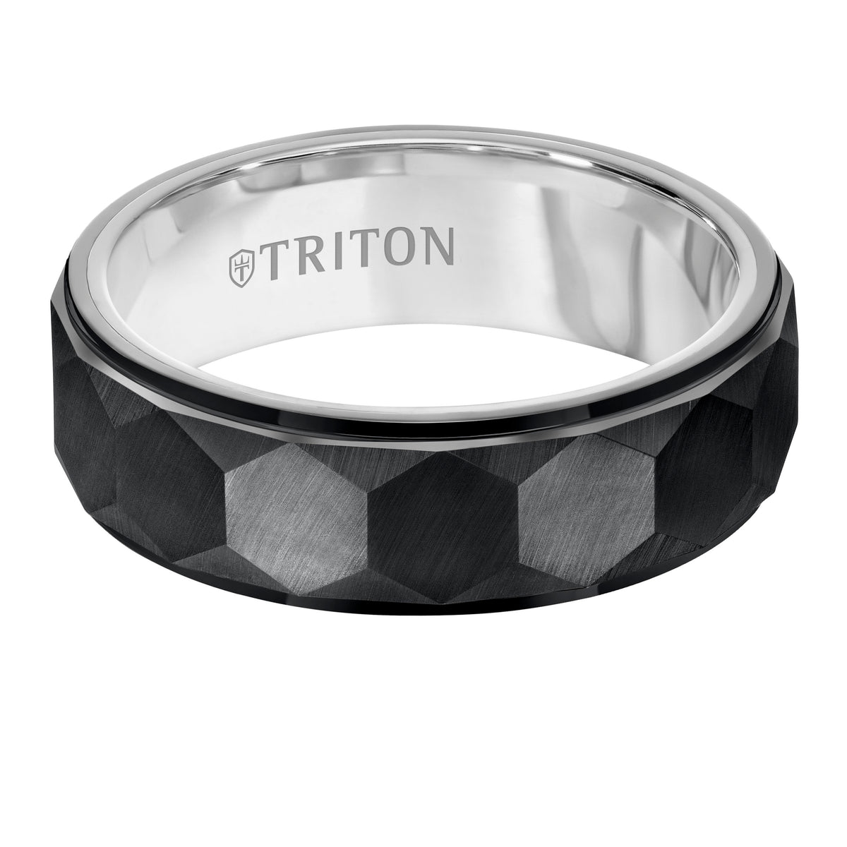 7mm Black Tungsten Band with Faceted Hexagon Pattern and White Interior