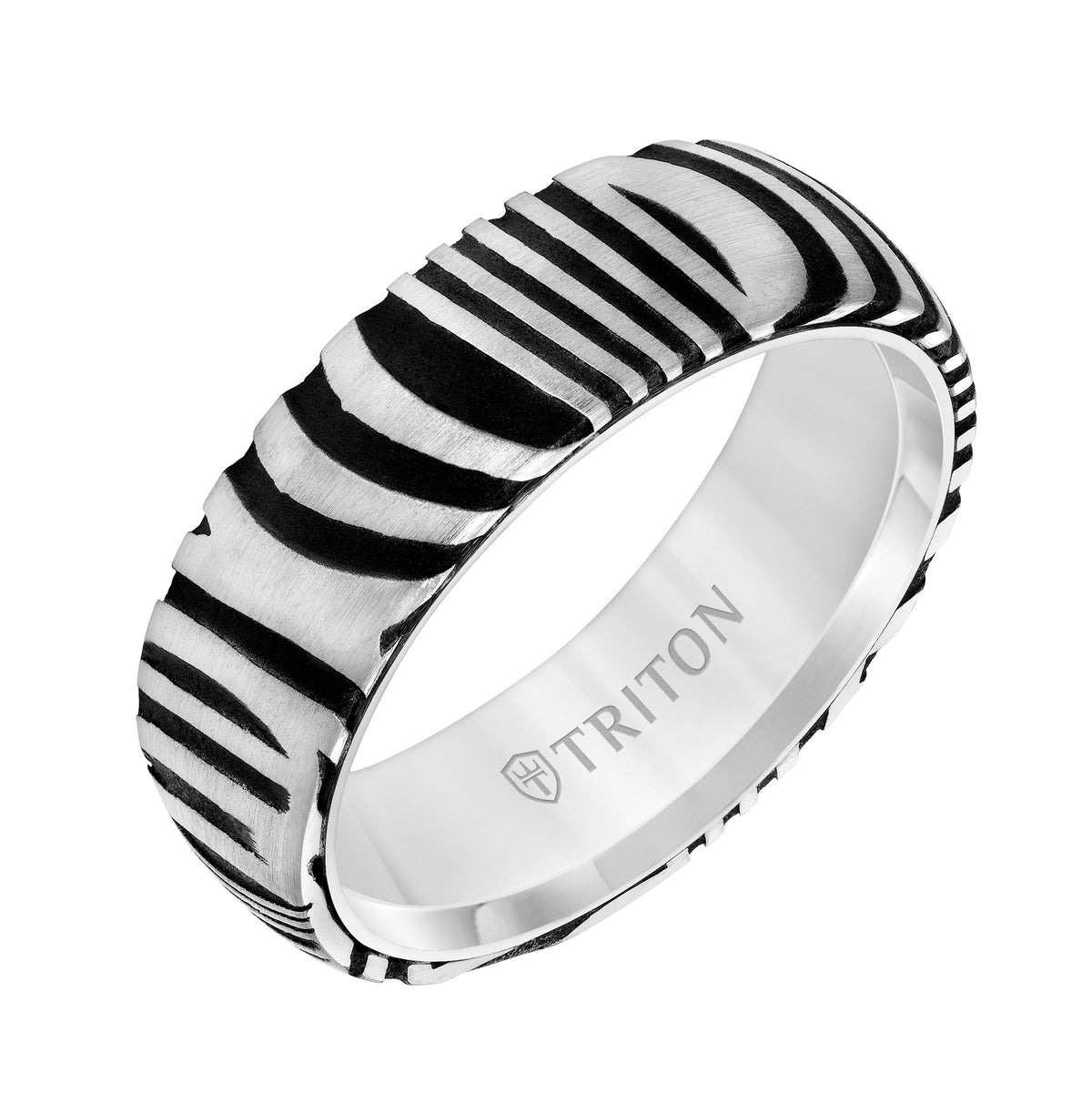 7MM White Tungsten Carbide Ring with Damascus Steel