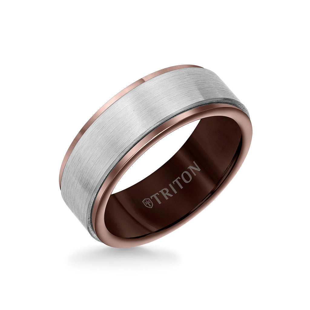 8MM Blue Tungsten Carbide Ring - Satin Finish Center and Step Edge