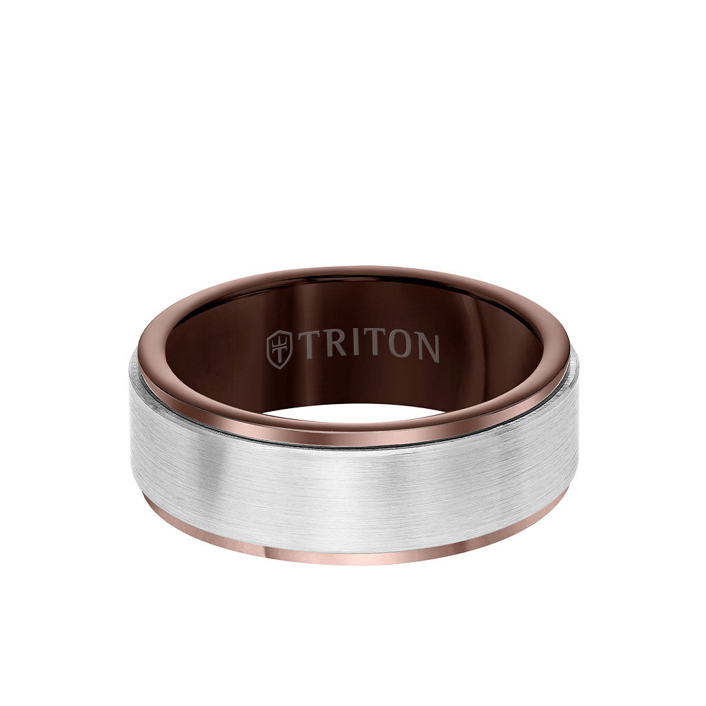 8MM Blue Tungsten Carbide Ring - Satin Finish Center and Step Edge