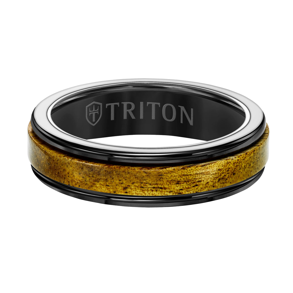 6MM White Tungsten Carbide Base with Rd Rims/Brown Wood Insert Engraved Band