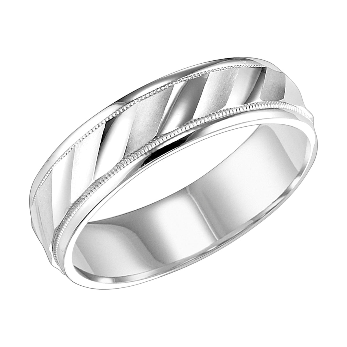 Men's wedding band with diagonal cuts, bright and  satin finish with milgrain accent and round edges with flat profile