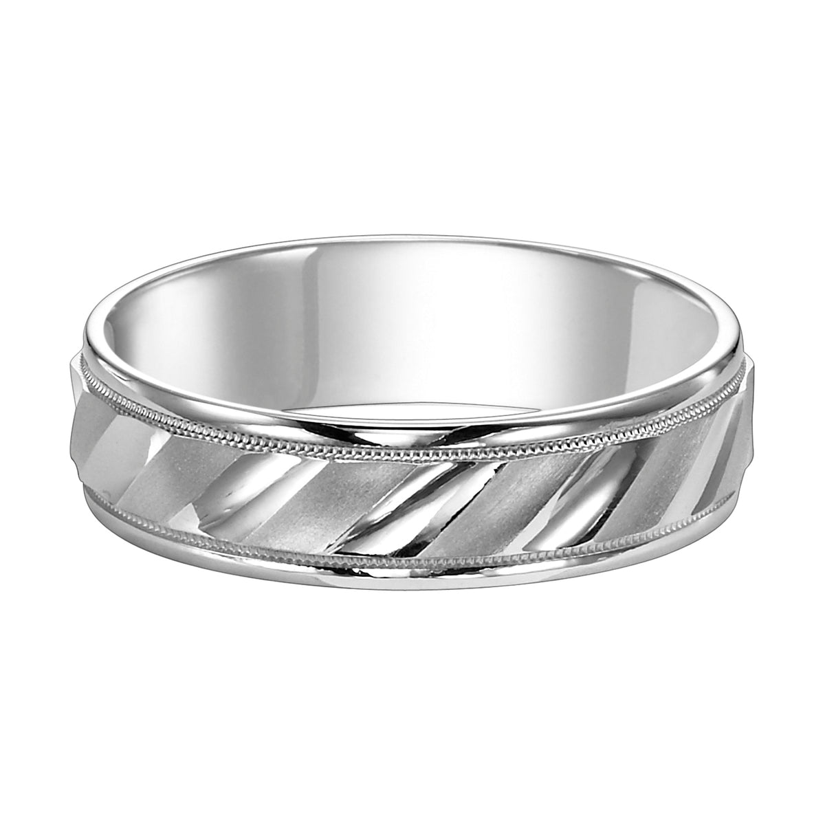 Men's wedding band with diagonal cuts, bright and  satin finish with milgrain accent and round edges with flat profile
