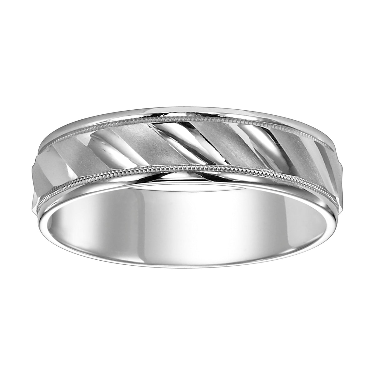 Men's wedding band with diagonal cuts, bright and  satin finish with milgrain accent and round edges with flat profile