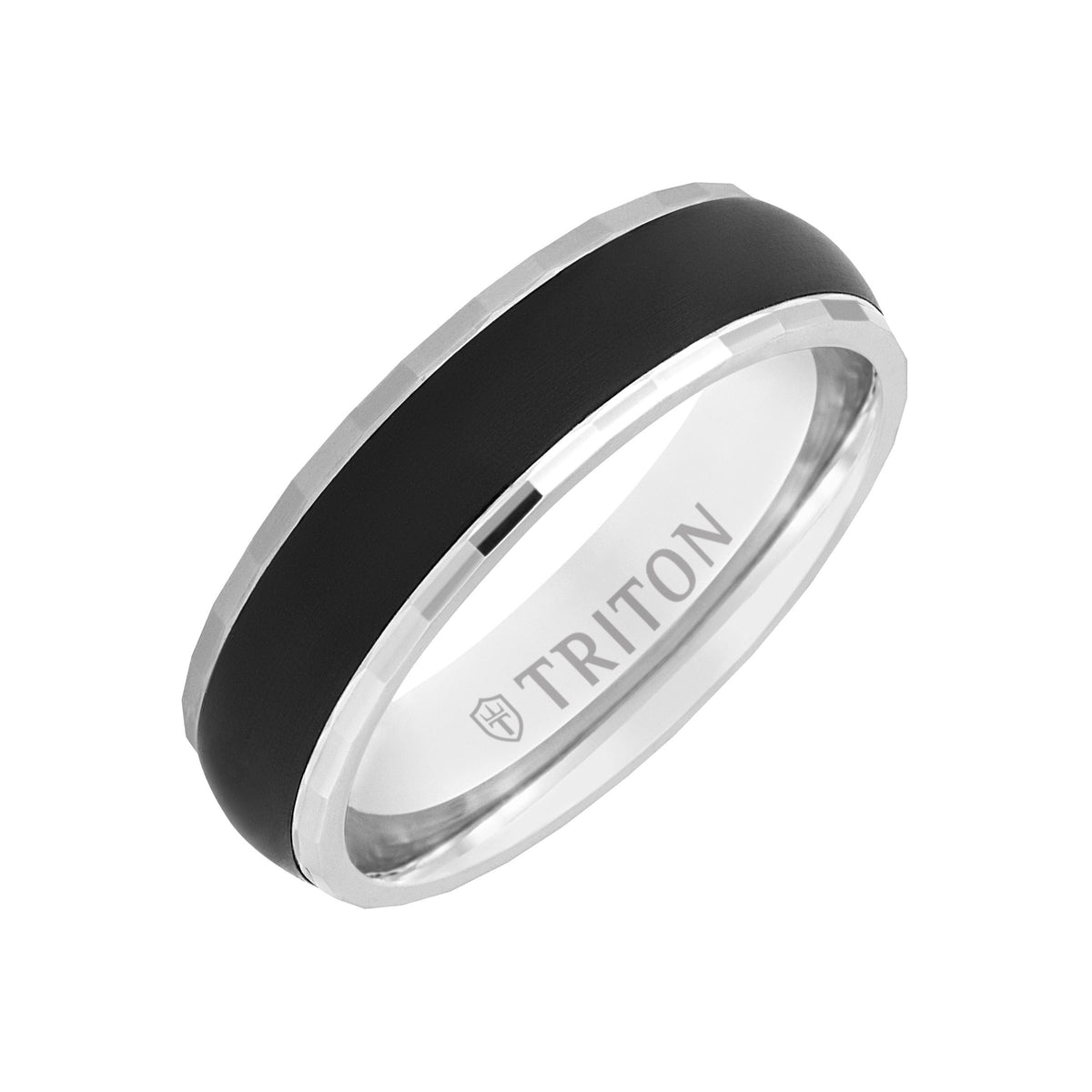 6MM 14k Gold Ring + Black Titanium Inlay with Dome Profile and Faceted Edge