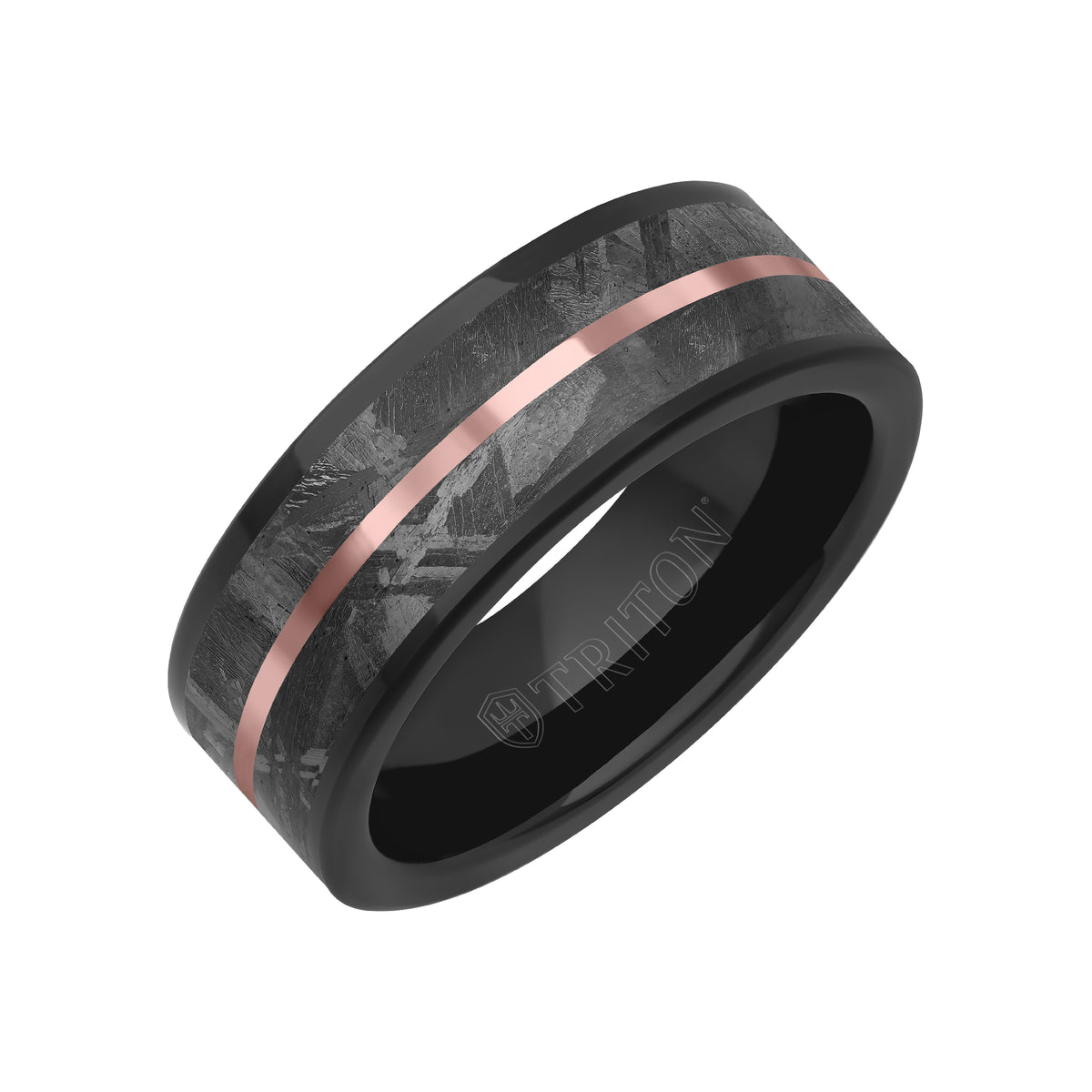 8MM Tungsten Carbide Ring - Meteorite Inlay with Center Line and Flat Edge