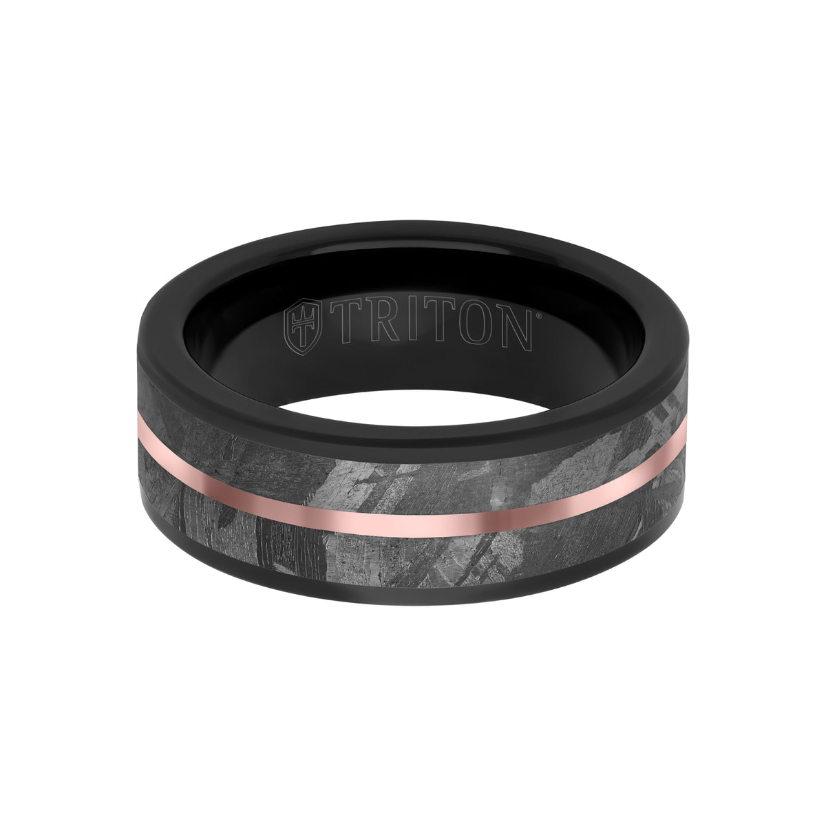 8MM Tungsten Carbide Ring - Meteorite Inlay with Center Line and Flat Edge