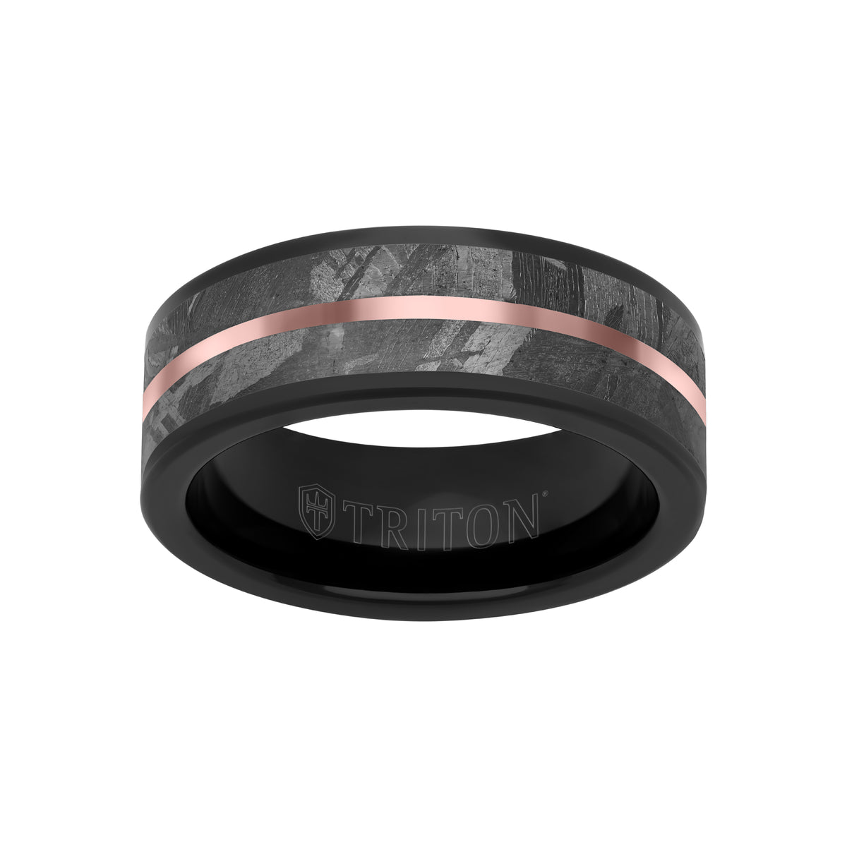 8MM Tungsten Carbide Ring - Meteorite Inlay with Center Line and Flat Edge